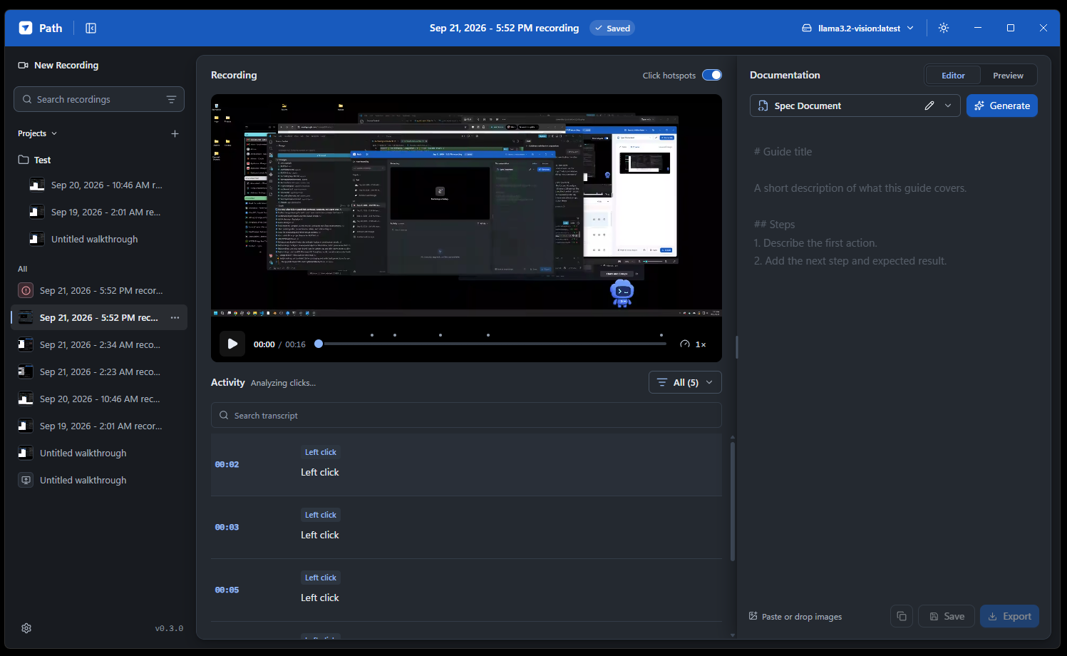 Path desktop application showing a recording, captured activity, and the documentation editor